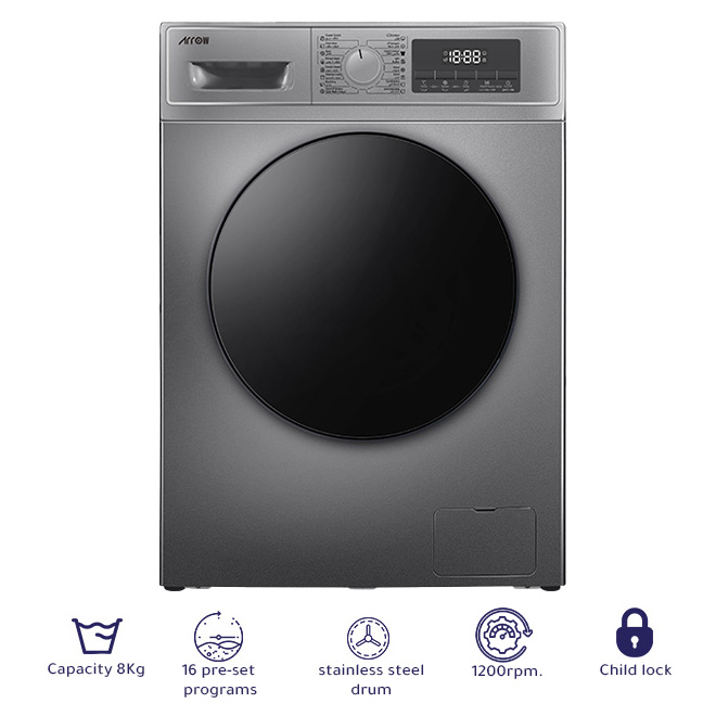 8kg Front Load Washing Machine, 1200rpm Spin Speed, 16 Programs, Anti-Foam Control,Silver : RO-09FWTS-01