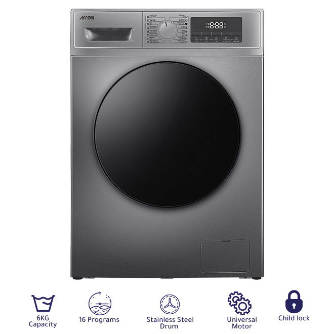 6KG Front Load Washing Machine, 1000rpm Spin, 16 Programs, Fault Check, Universal Motor, Silver : RO-07FWTS-01