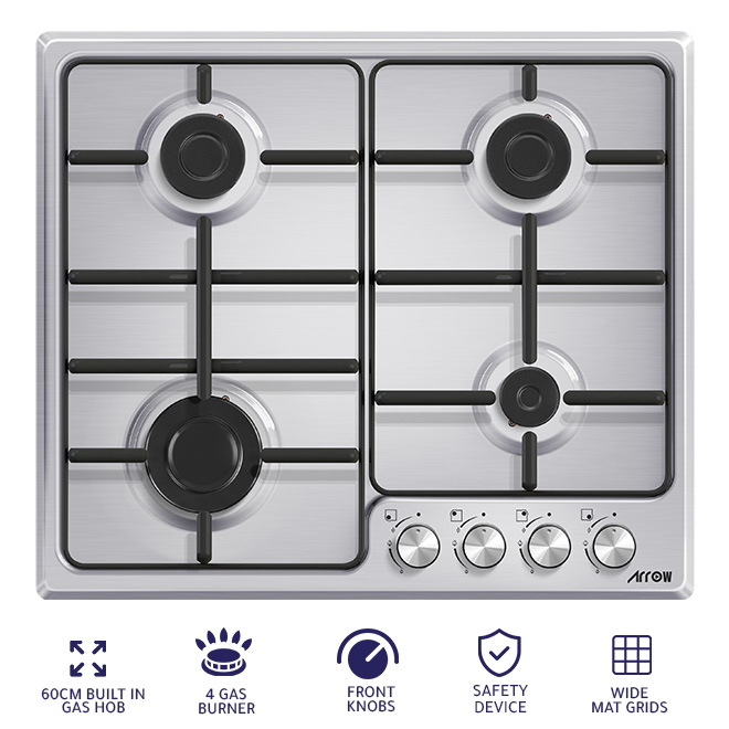 ARROW 60cm Built-In Gas Hob with 4 Sabaf Burners, Front Knob Ignition, Full Safety Device, and Inox Panel | RO-60BHGK	