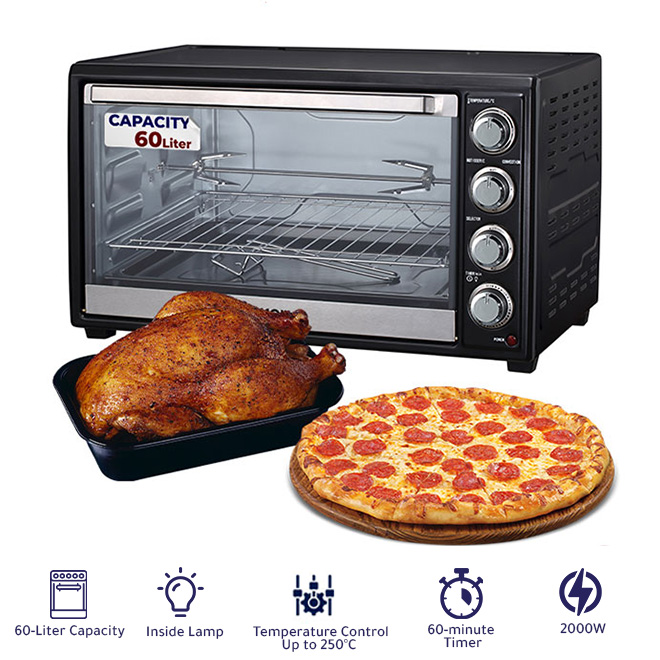 Electric Oven 60L 2000 Watts With Rotisserie, Grill Function And Power Indicator Light, 60 Mins Timer & Shut Off Bell  RO-60EOB