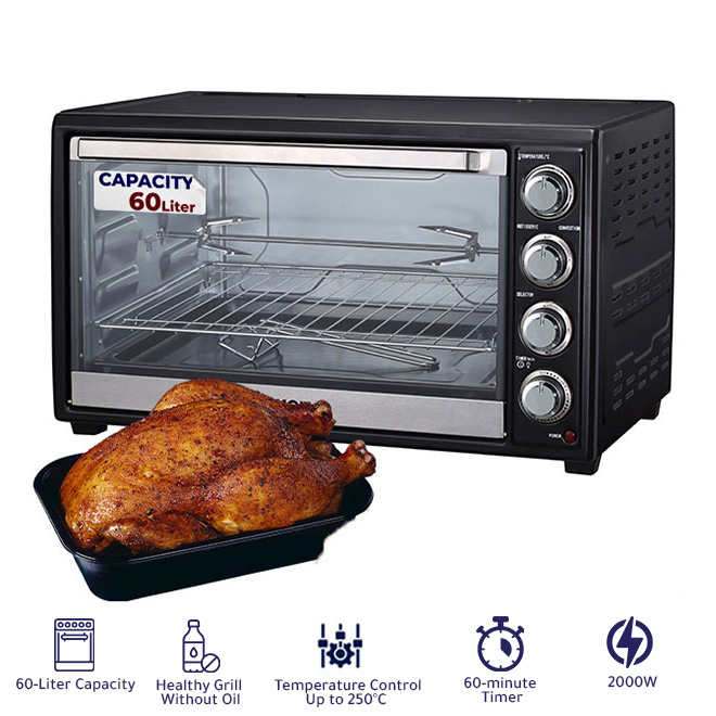 Arrow 60Liter, 2000W, Mini Electric Oven with Rotisserie & Convection & inside lamp, Black,RO-60EOW