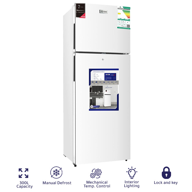 Arrow Double Door Refrigerator 230L Fridge & 70L Freezer , Manual Defrost, Icebox & Lock & Key, White  RO-470RDK