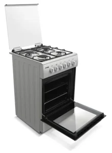 فرن قائم بذاته، 4 شعلات غاز، صنع في تركيا، هيكل من الفولاذ المقاوم للصدأ، مؤقت ميكانيكي، لون فضي، جهاز أمان كامل، مصباح فرن، زجاج داخلي قابل للإزالة | اسم الموديل: RO-5060GSKS