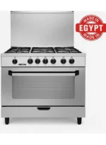 ⁦موقد غاز قائم بذاته 90 × 60 سم مع فرن وشواية، 5 شعلات، أمان كامل، مروحة تبريد، حامل أواني من الحديد الزهر، تشطيب من الفولاذ المقاوم للصدأ، باب بإغلاق بكرة.⁩ - الصورة ⁦2⁩