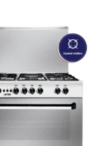 ⁦موقد غاز قائم بذاته 90 × 60 سم مع فرن وشواية، 5 شعلات، أمان كامل، مروحة تبريد، حامل أواني من الحديد الزهر، تشطيب من الفولاذ المقاوم للصدأ، باب بإغلاق بكرة.⁩ - الصورة ⁦5⁩