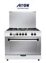 موقد غاز قائم بذاته 90 × 60 سم مع فرن وشواية، 5 شعلات، أمان كامل، مروحة تبريد، حامل أواني من الحديد الزهر، تشطيب من الفولاذ المقاوم للصدأ، باب بإغلاق بكرة.