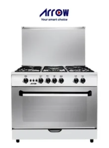 موقد غاز قائم بذاته 90 × 60 سم مع فرن وشواية، 5 شعلات، أمان كامل، مروحة تبريد، حامل أواني من الحديد الزهر، تشطيب من الفولاذ المقاوم للصدأ، باب بإغلاق بكرة.